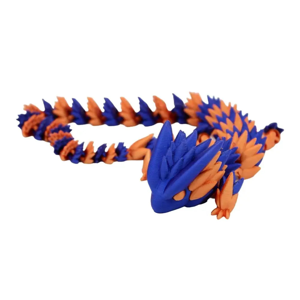 Articulated blue and orange dragon toy.