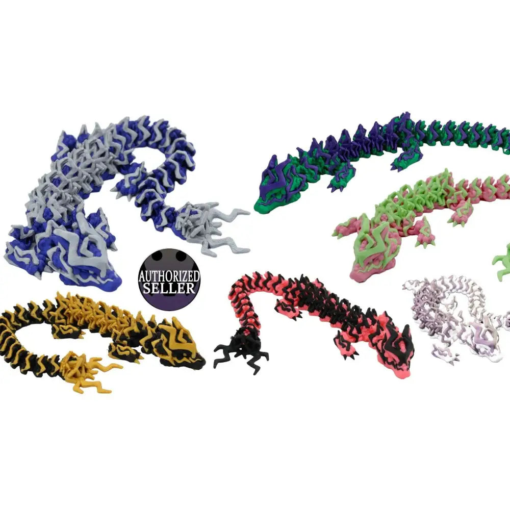 Colorful articulated dragon toys.