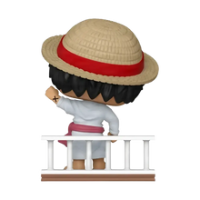 One piece straw hat pirates monkey d luffy funko pop vinyl figure wearing a beige straw hat with red band