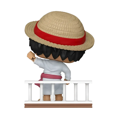 One piece straw hat pirates monkey d luffy funko pop vinyl figure wearing a beige straw hat with red band