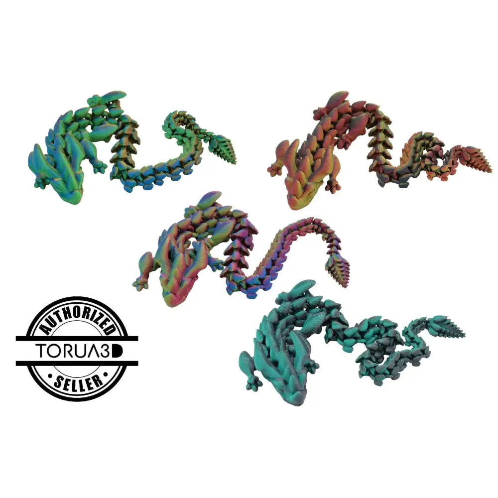 Colorful articulated dragon figurines.