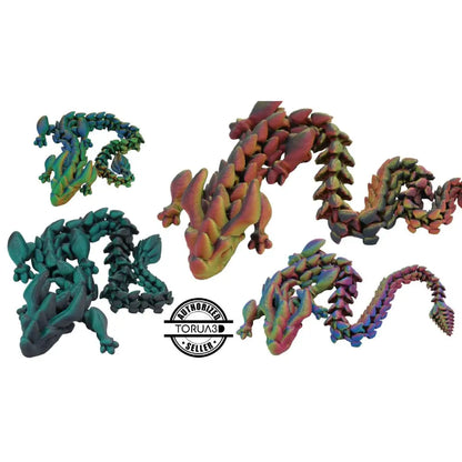 Colorful articulated dragon figurines.