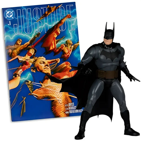 Black Batman action figure with detailed sculpting and glossy finish beside justice comic book from McFarlane toys page punchers wave