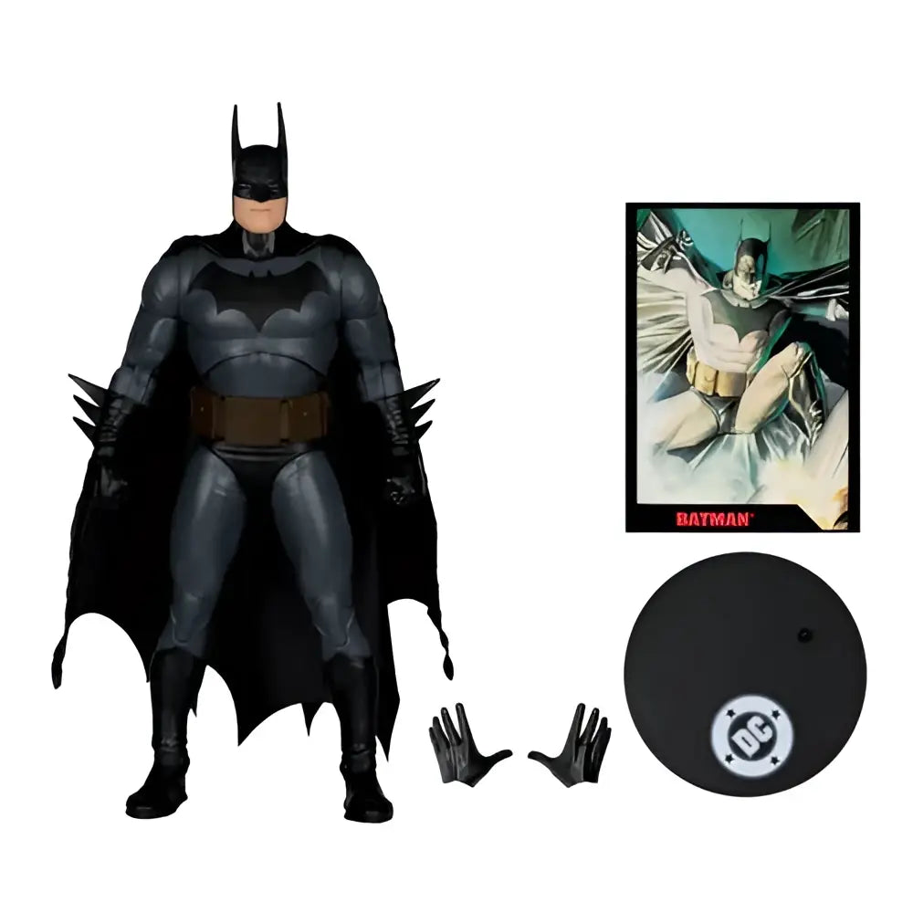 Black batman action figure in detailed gray suit and cape with brown belt from mcfarlane toys page punchers wave