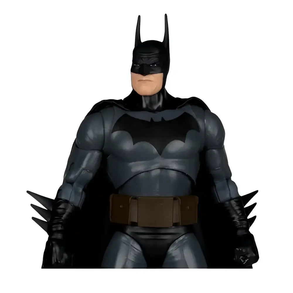 Black batman action figure with sculpted musculature, matte cowl, brown belt, spiked gauntlets from page punchers wave by mcfarlane toys
