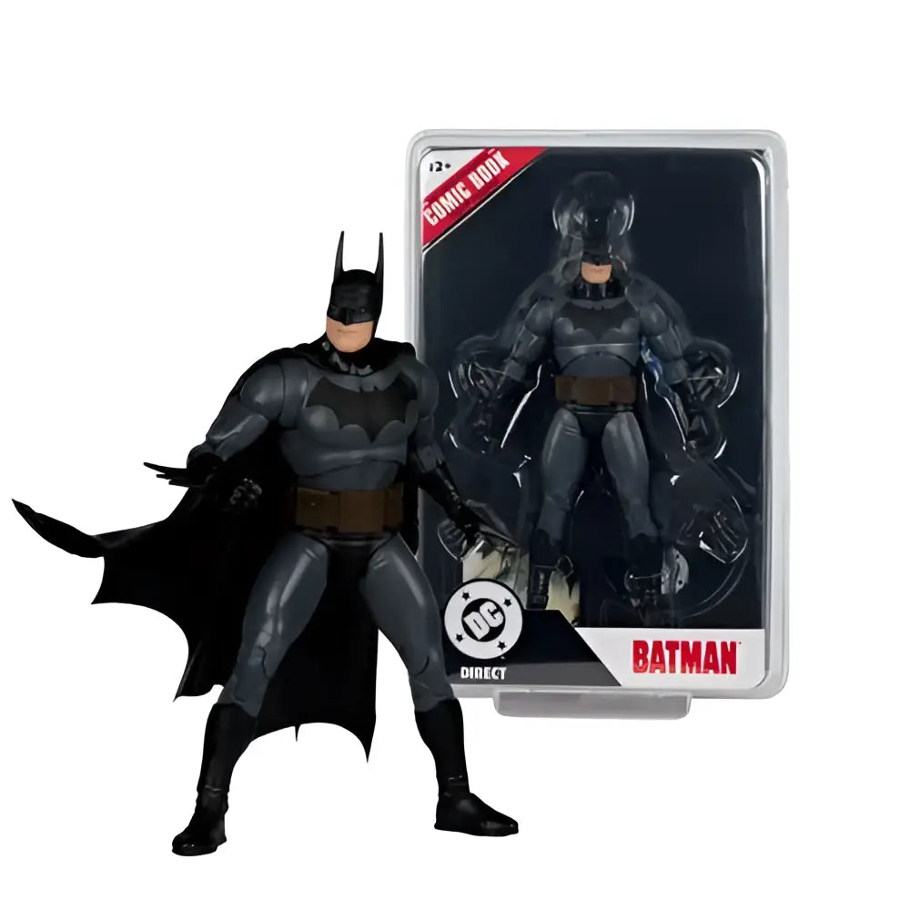 Black batman action figure with detailed armor and cape in clear case labeled batman from mcfarlane toys page punchers wave