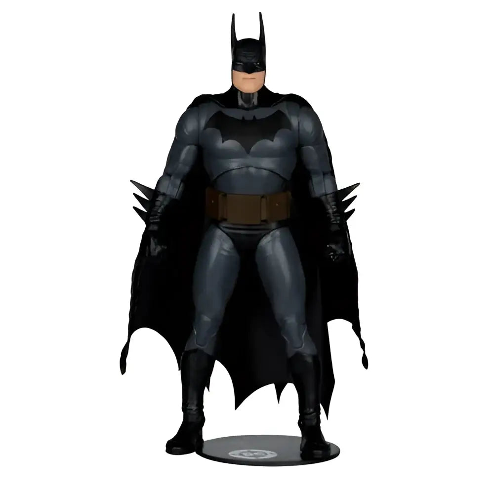 Black batman action figure with detailed gray suit and cape on circular base from page punchers wave by McFarlane Toys