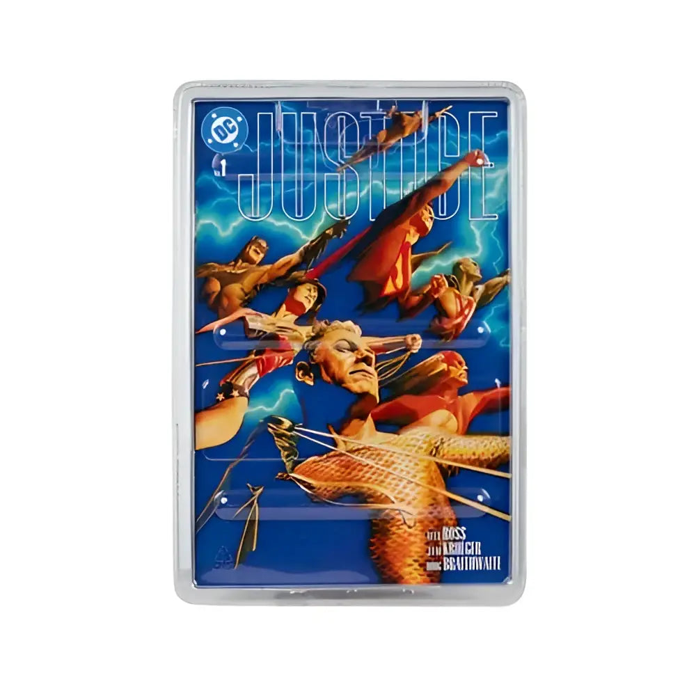 Blue page punchers wave comic book cover featuring justice league in protective sleeve for mcfarlane toys Batman figure