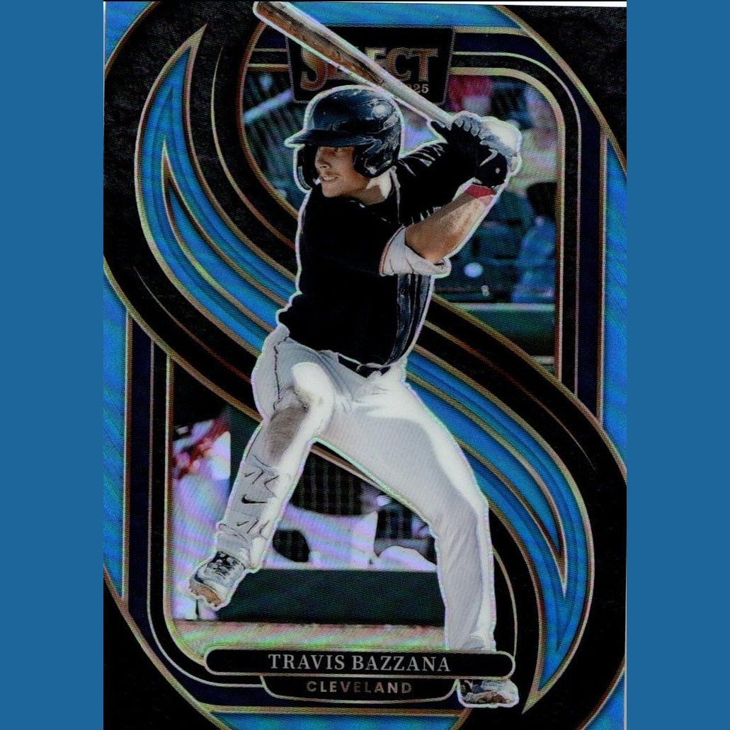 Travis bazzana baseball trading card featuring a dynamic swing in black and white uniform with blue holographic border design.