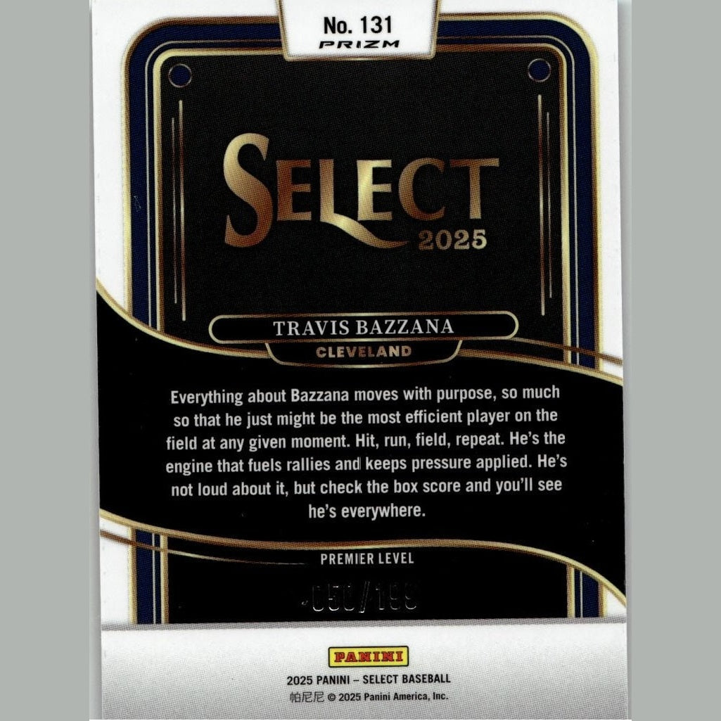 Black and gold ’select 2025’’ baseball trading card featuring travis bazzana of cleveland.