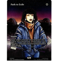 Illustrated path to exile trading card featuring a woman in blue denim jacket with silver trim for borderless tmnt ninja turtles pza magic mtg