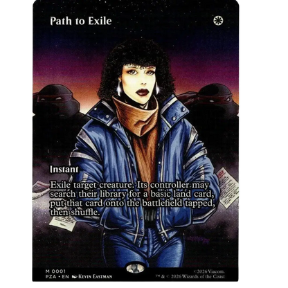 Illustrated path to exile trading card featuring a woman in blue denim jacket with silver trim for borderless tmnt ninja turtles pza magic mtg