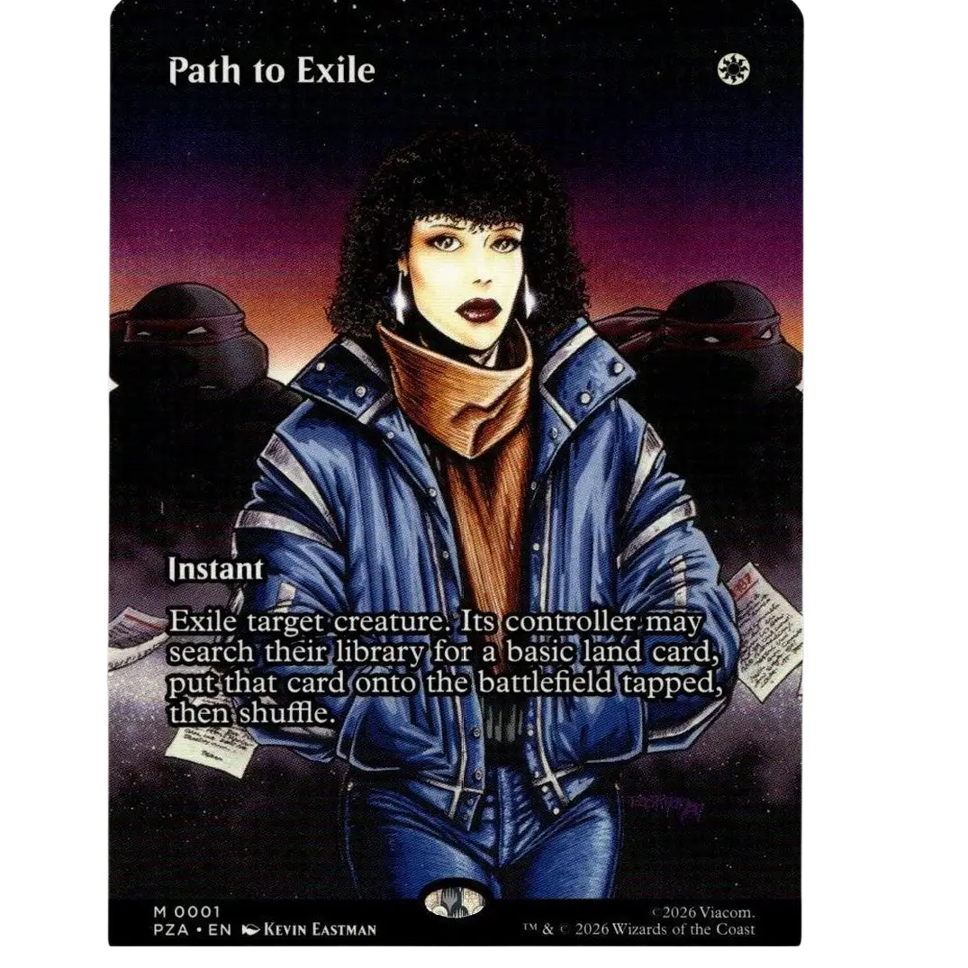 Illustrated trading card featuring a woman wearing a blue denim jacket with silver trim from path to exile borderless tmnt ninja turtles pza magic mtg