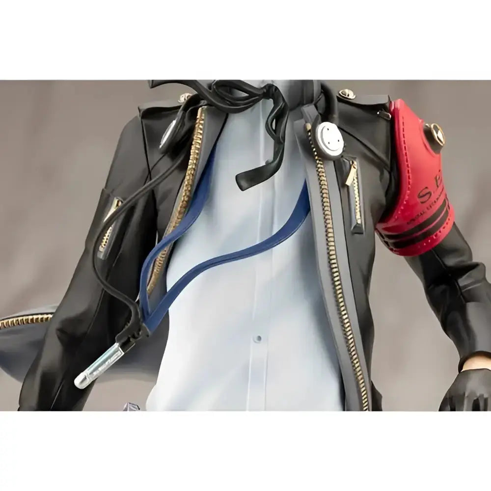 Persona 3 reload the protagonist artfx j statue wearing a black leather jacket with red shoulder patch and blue zipper pull