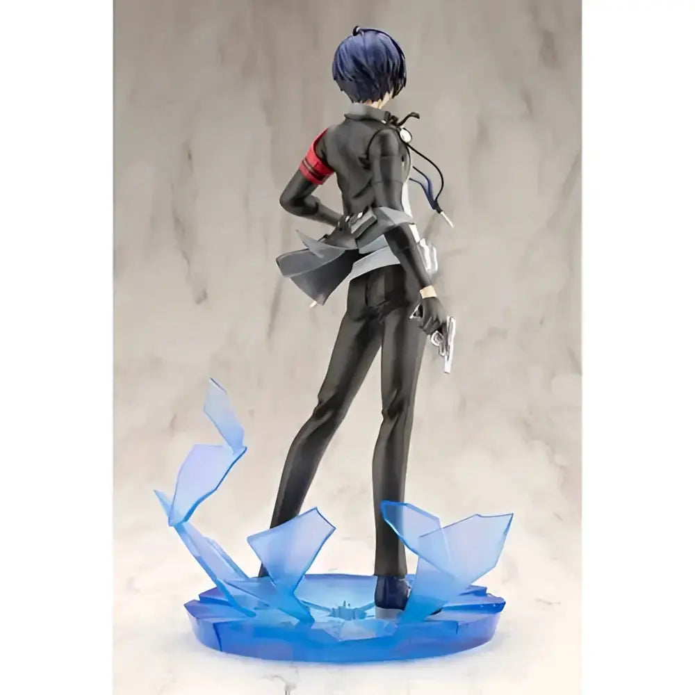 Persona 3 reload the protagonist artfx j 1 8 scale statue black and silver figure with blue hair and red arm accents