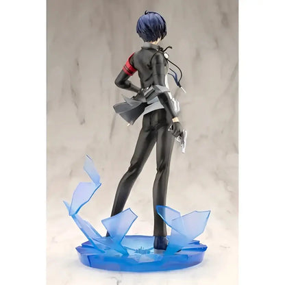 Persona 3 reload the protagonist artfx j 1 8 scale statue black and silver figure with blue hair and red arm accents