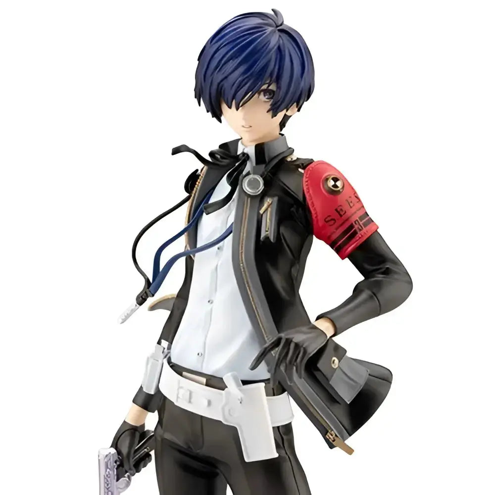 Black and white persona 3 reload the protagonist artfx j 1 8 scale statue with short blue hair holding a pistol