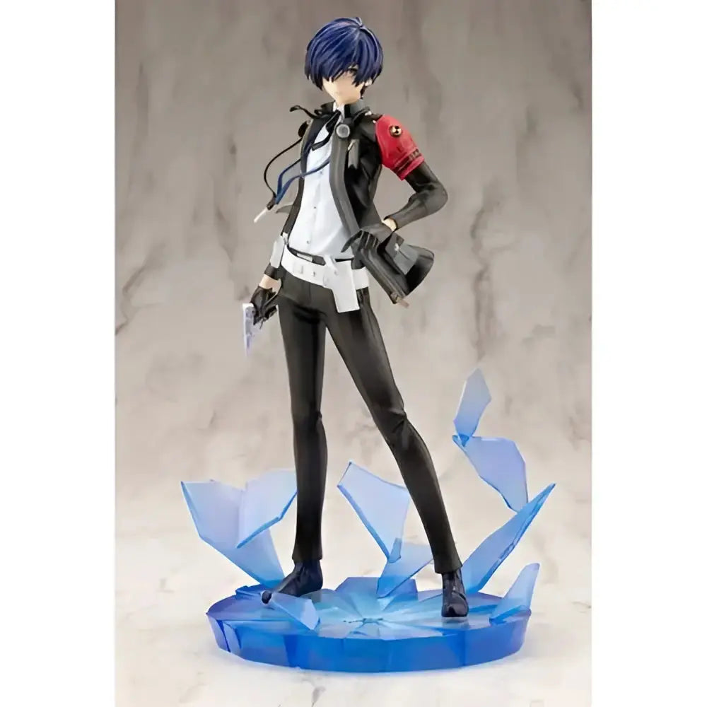 Persona 3 reload the protagonist artfx j 1 8 scale statue featuring a blue-haired figure in black white red on blue base