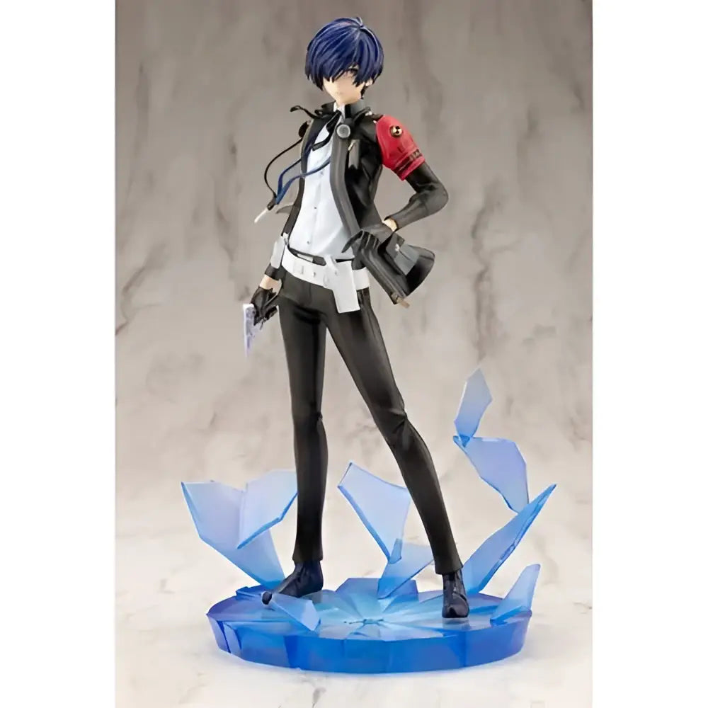 Persona 3 reload the protagonist artfx j 1 8 scale statue featuring a blue-haired figure in black white red on blue base