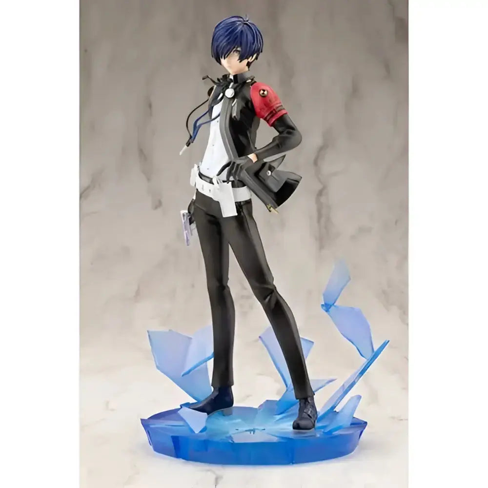 Persona 3 reload the protagonist artfx j 1:8 scale statue with blue hair black and white outfit on blue crystalline base