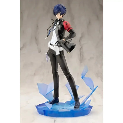 Persona 3 reload the protagonist artfx j 1:8 scale statue with blue hair black and white outfit on blue crystalline base