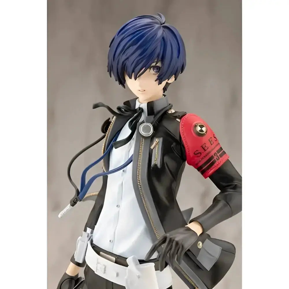 Persona 3 reload the protagonist artfx j statue with blue hair black leather jacket and red sleeve patch detailed design