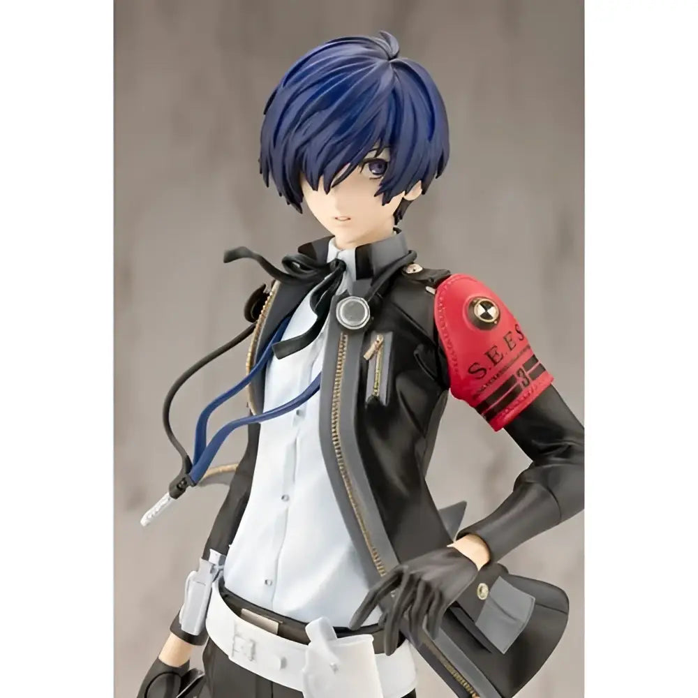 Persona 3 reload the protagonist artfx j statue with blue hair black leather jacket and red sleeve patch detailed design