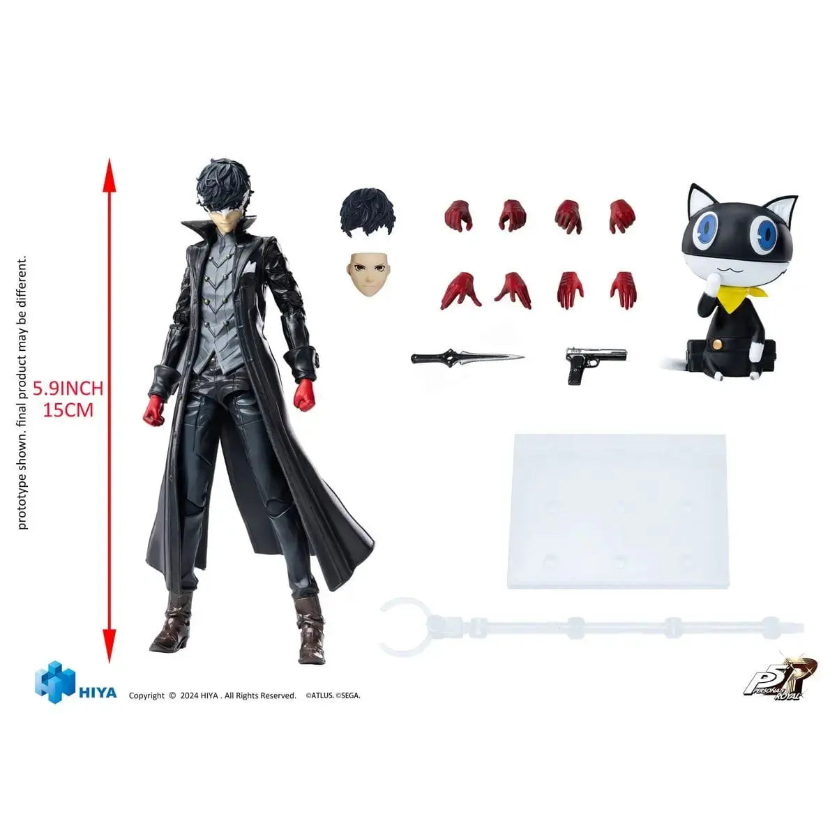 Persona 5 royal joker exquisite basic 1 12 action figure in black and gray with interchangeable hands and red gloves includes alternate parts and cat figurine