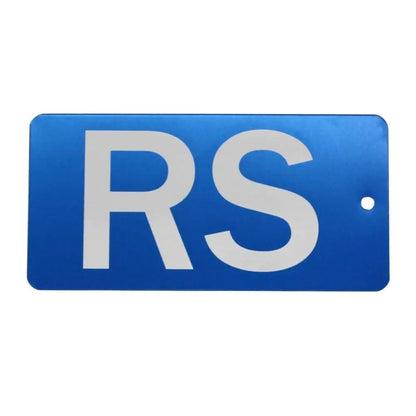 Blue license plate with ’RS’.