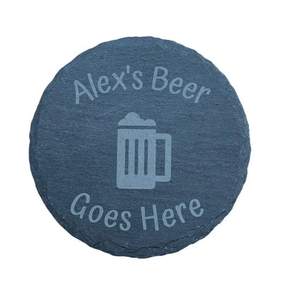 Round slate coaster with an etched beer mug design.