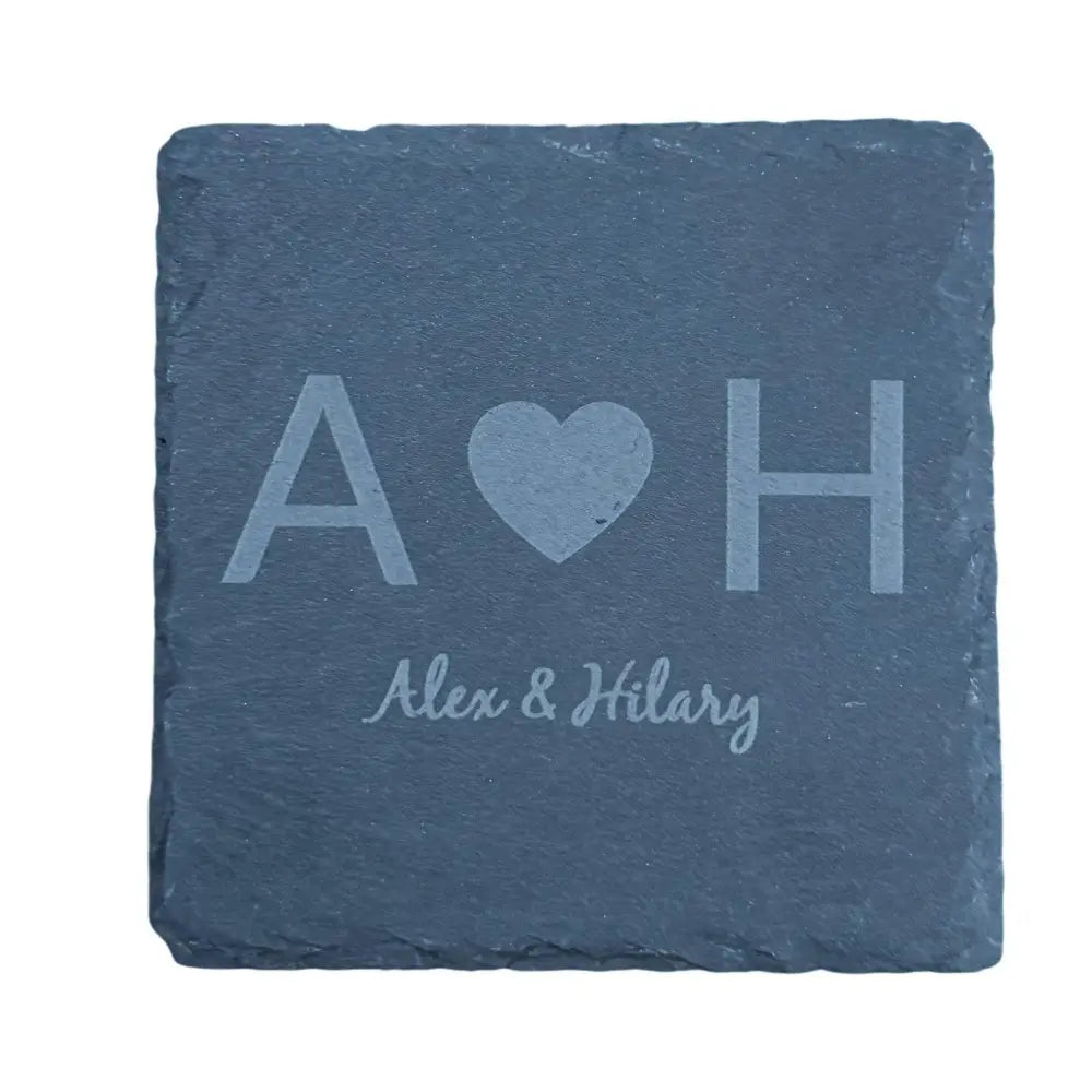 Engraved slate coaster with heart and initials