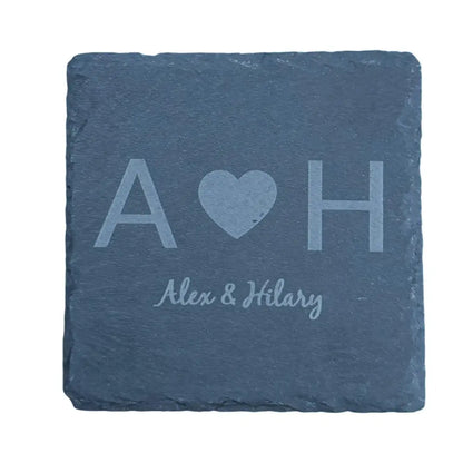 Engraved slate coaster with heart and initials