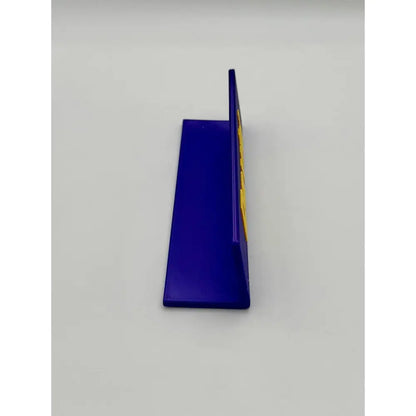 Blue and yellow display stand.