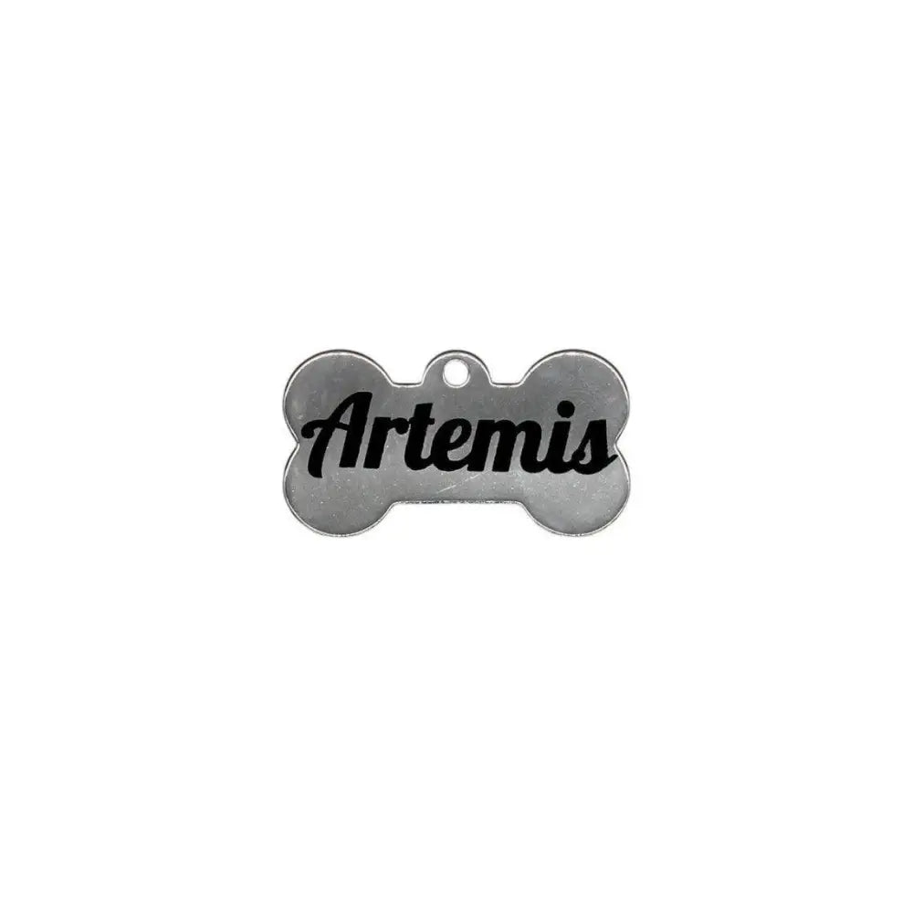 Dog bone-shaped tag with ’Artemis’ inscription.