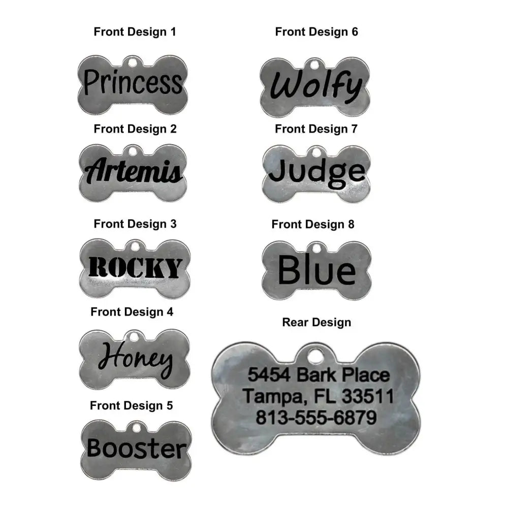 Dog bone-shaped pet tags with various names and address information.