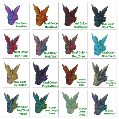 Colorful crystal dragon head figurines.