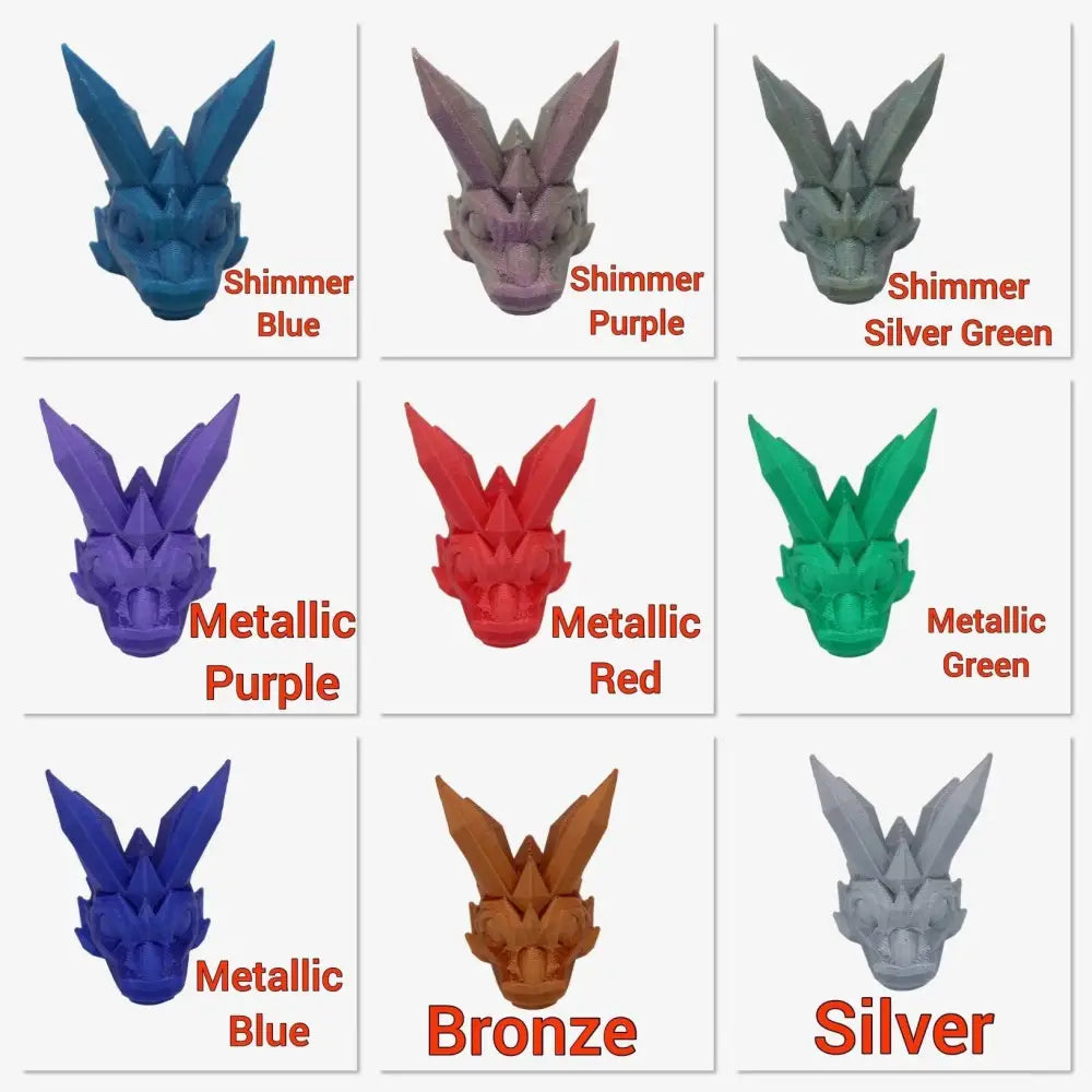 Colorful 3D printed dragon heads.