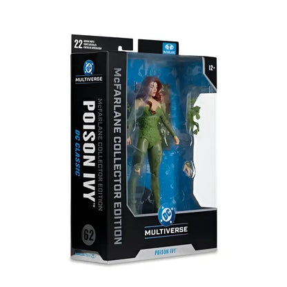 Poison ivy dc classic action figure in green inside black and blue packaging box by McFarlane 7-inch scale