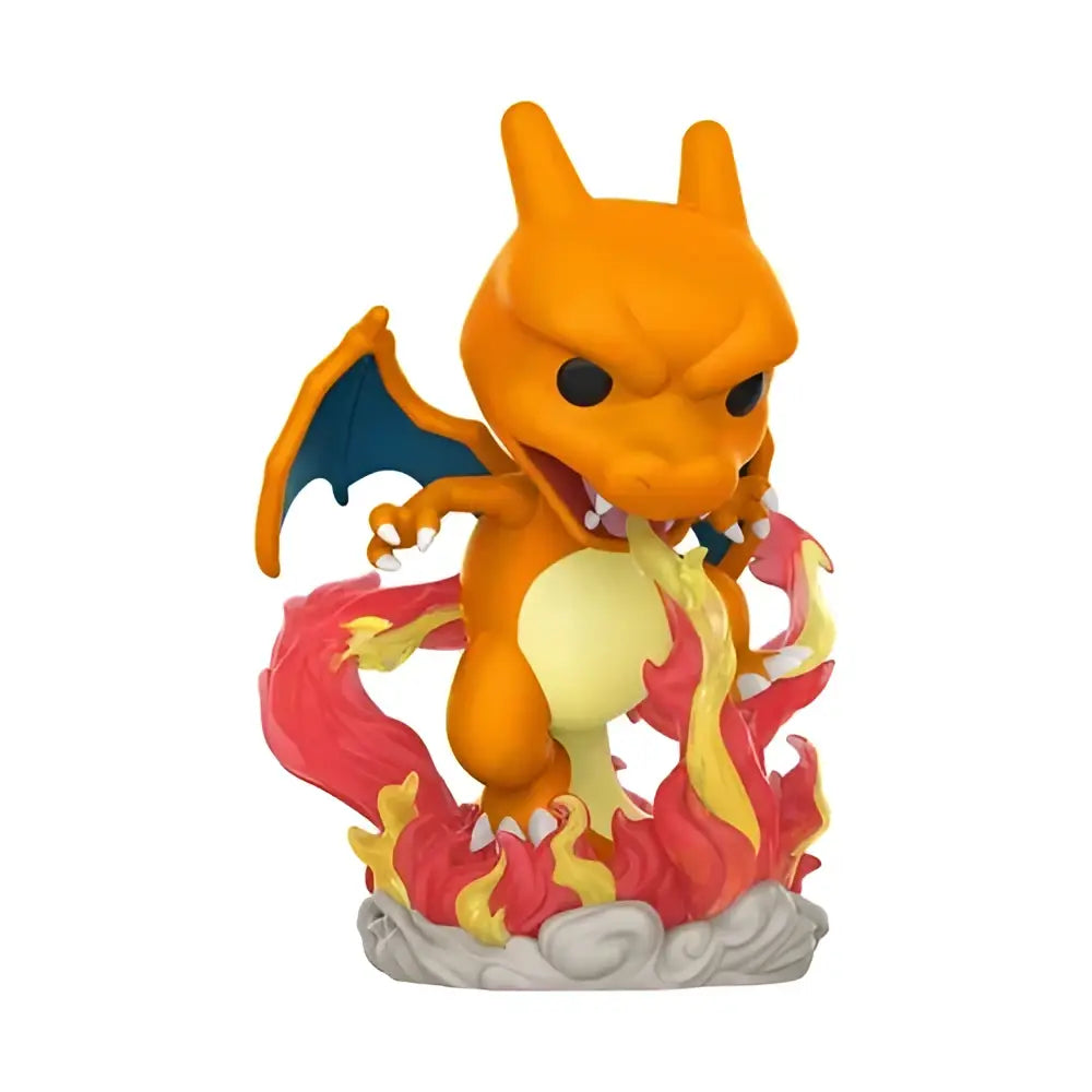 Pokemon charizard premium funko pop vinyl figure orange and yellow charizard with blue wings on red and orange flames base