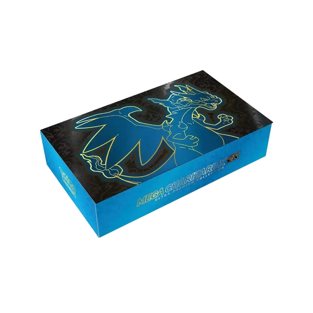 Blue rectangular box featuring a glowing blue and gold outline of mega charizard x against a black background with ornate patterns.