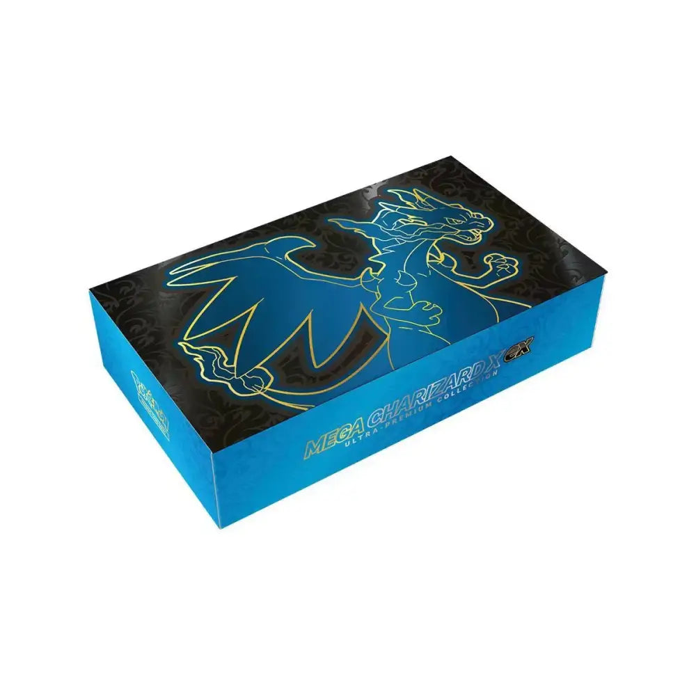 Blue rectangular box featuring a glowing blue and gold outline of mega charizard x against a black background with ornate patterns.