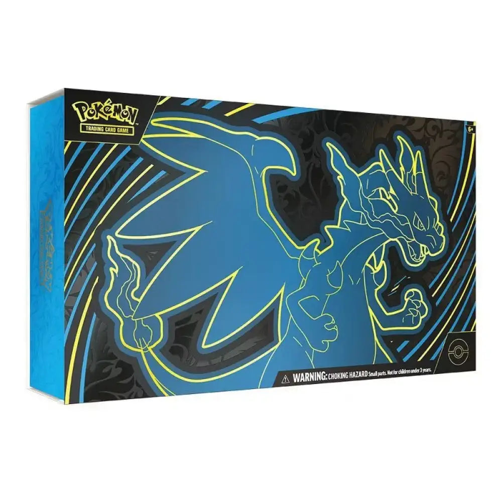 Blue and yellow glowing charizard-themed pokémon trading card game box.
