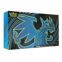 Blue and yellow glowing charizard-themed pokémon trading card game box.