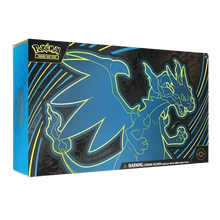 Blue and yellow glowing charizard-themed pokémon trading card game box.