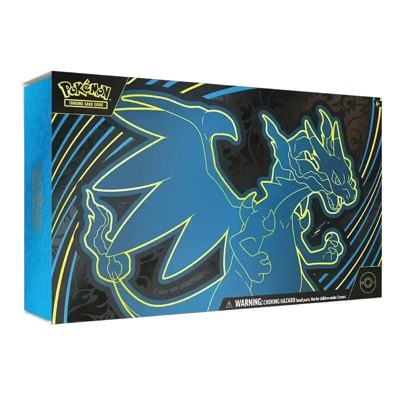 Blue and yellow glowing charizard-themed pokémon trading card game box.