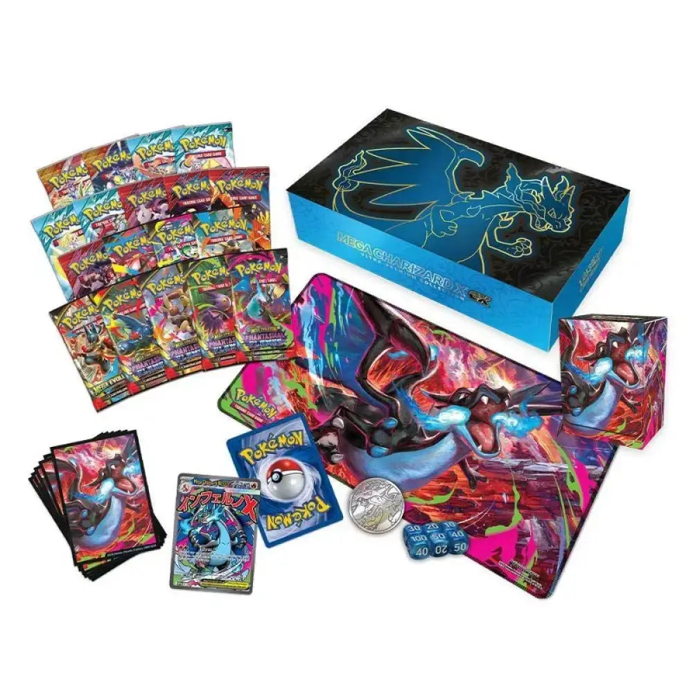 Vibrant blue and black mega charizard x-themed pokémon card box with glowing dragon artwork.