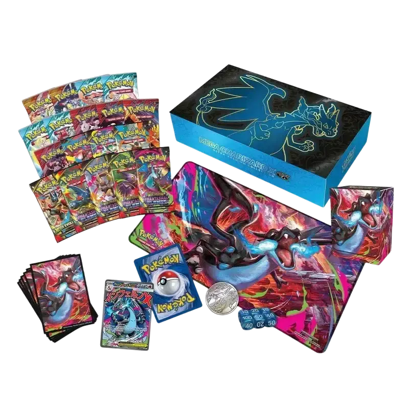 Vibrant blue and black mega charizard x-themed pokémon card box with glowing dragon artwork.