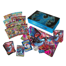 Vibrant blue and black mega charizard x-themed pokémon card box with glowing dragon artwork.
