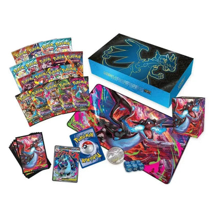Vibrant blue and black mega charizard x-themed pokémon card box with glowing dragon artwork.