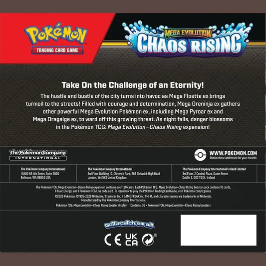 Pokémon mega evolutions chaos rising booster pack with black red packaging and blue water splash design for rising booster box